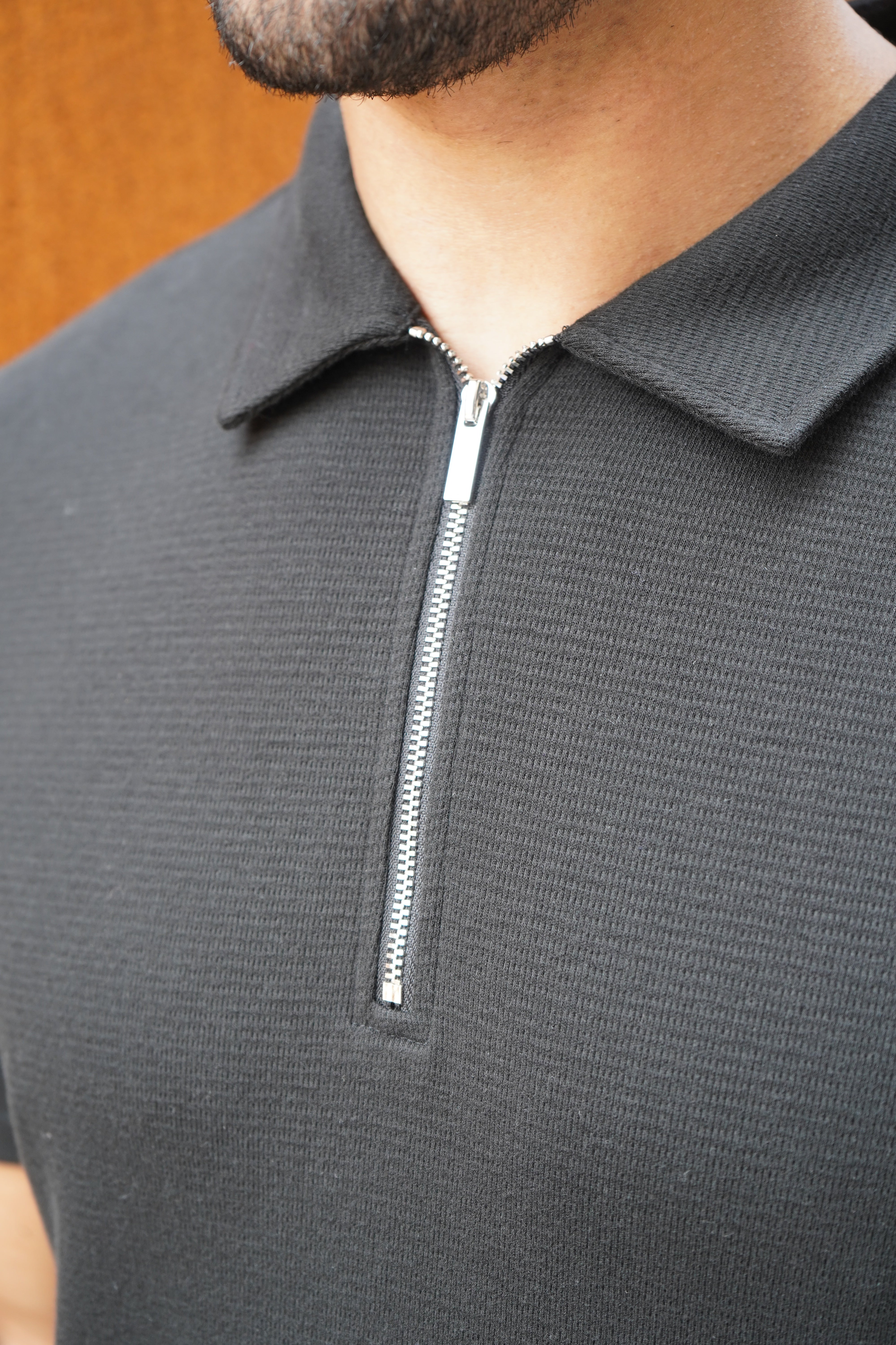 CAPO Textured Black Zip-Up Polo Shirt